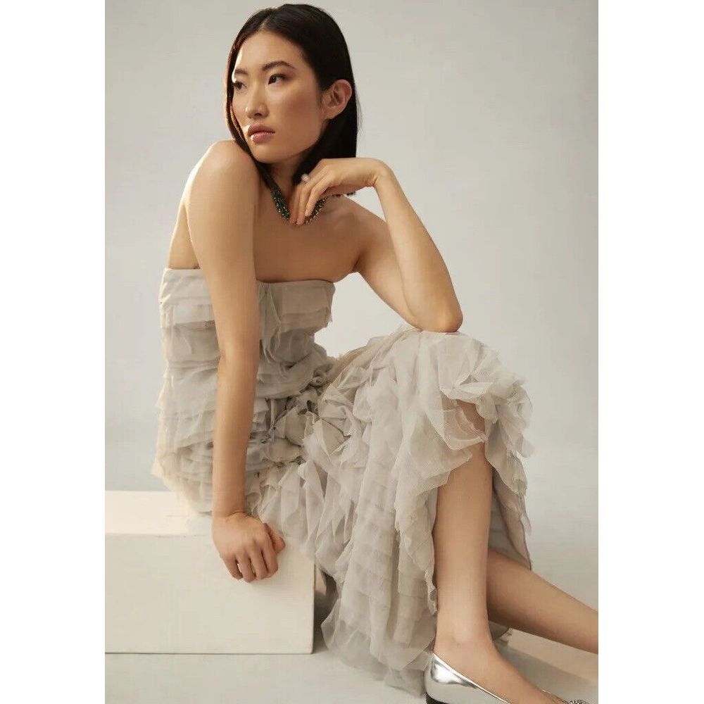 Anthropologie Strapless Asymmetrical Ruffled Tulle Dress in Light Gray